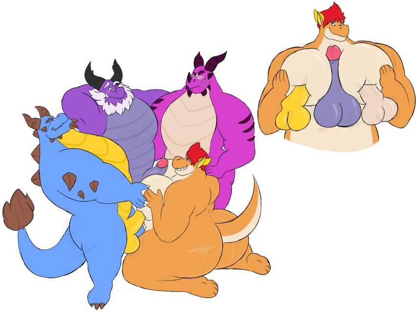 4:3 activision andor_(spyro) anthro asher_(spyro) balls beard blue_body disembodied_penis dragon facial_hair genitals group group_sex hair hi_res horn kneeling male male/male megacoolbear_(artist) nude obese orange_body overweight pecjob pecs penis purple_body ragnar_(spyro) red_hair rescued_dragons_(spyro) scalie sex simple_background spyro_reignited_trilogy spyro_the_dragon video_games white_background