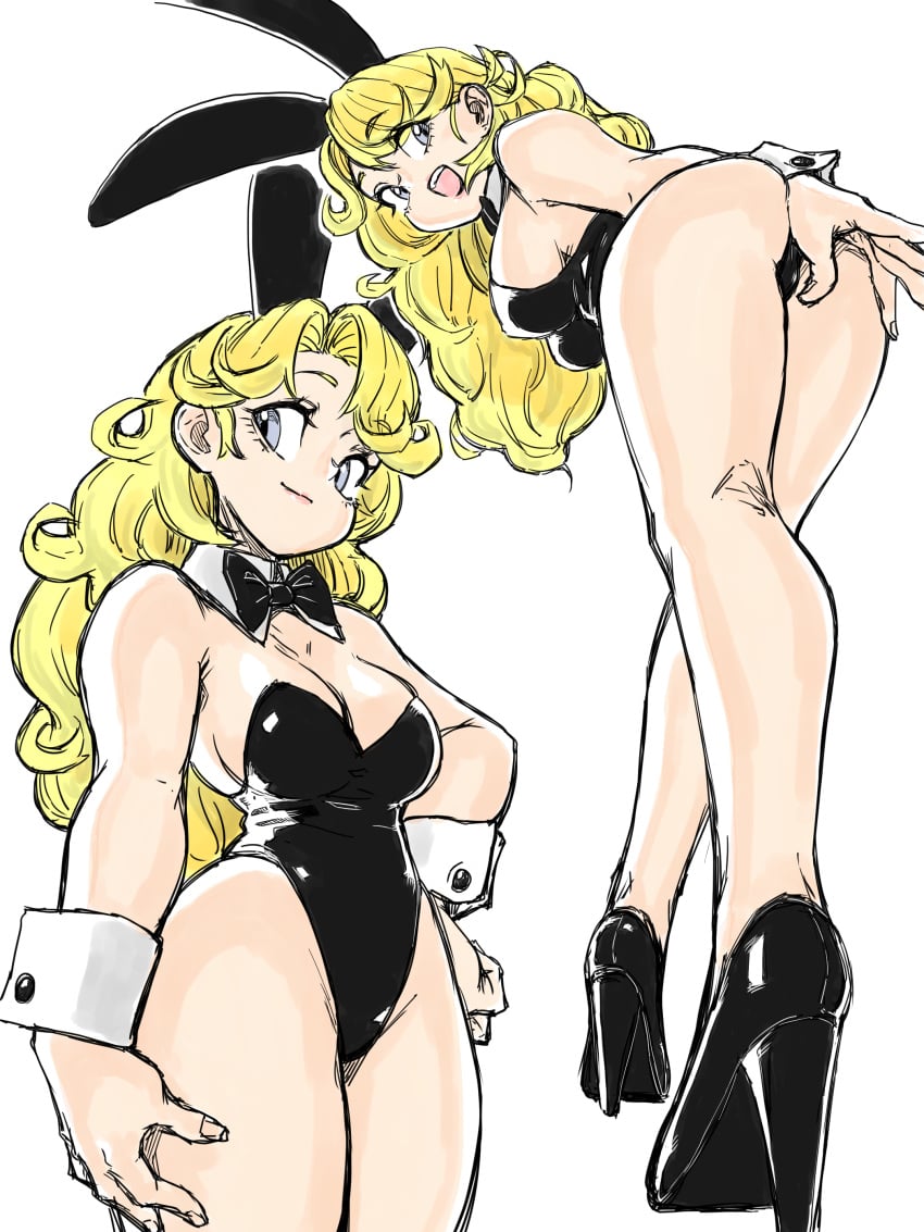 1girls ass blonde_hair blue_eyes breasts bunny_ears bunny_girl bunnysuit cleavage curly_hair dr._slump female fishnets high_heels large_breasts leotard licking light-skinned_female long_hair midori_yamabuki tall tall_female thong thong_leotard toshinoshin00 white_background