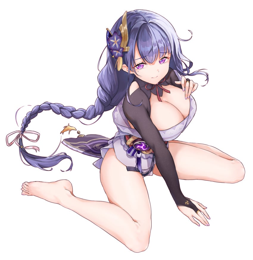 1girls barely_contained beauty_mark blush breasts genshin_impact japanese_text kimono large_breasts mole mole_under_eye niconicopumpkin purple_eyes purple_hair raiden_shogun thick_thighs thighs w_sitting