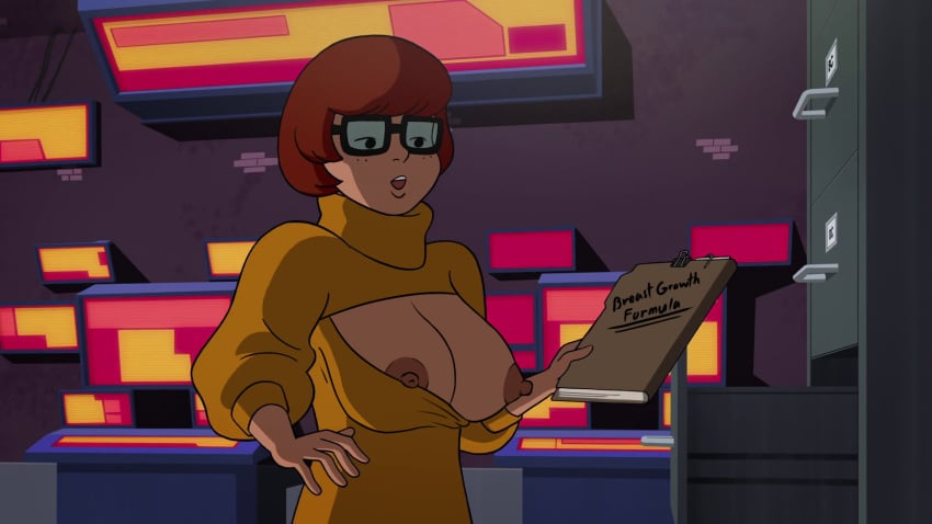 1girls accurate_art_style breasts breasts_out brown_hair edit erect_nipples exposed_breasts folder glasses hanna-barbera nipples no_bra scooby-doo screenshot screenshot_edit short_hair solo velma_dinkley woot