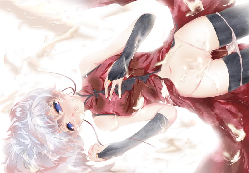 censored cum darker_than_black morihama_karute navel panties panty_pull pussy thighhighs underwear white_hair yin yin_(darker_than_black)