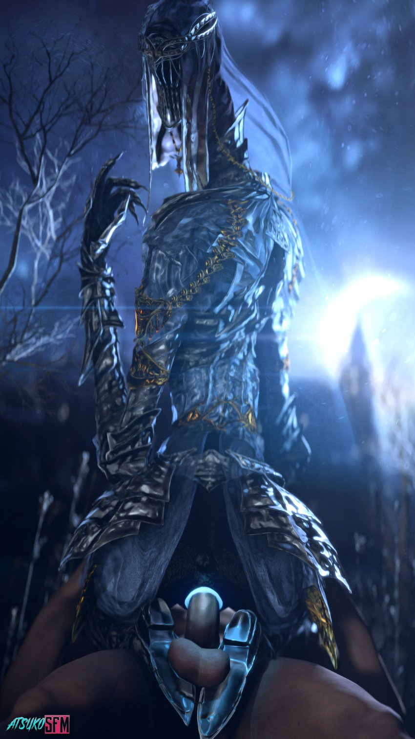 3d armor ass atsuko_(artist) balls blue_skin clothed clothing cowgirl_position dancer_of_the_boreal_valley dark_souls dark_souls_3 duo faceless_male female fromsoftware glowing glowing_pussy hi_res human humanoid looking_back lying male male_human/female_humanoid on_back on_top outside penetration penis pussy sex solo_focus straight vaginal_penetration video_games