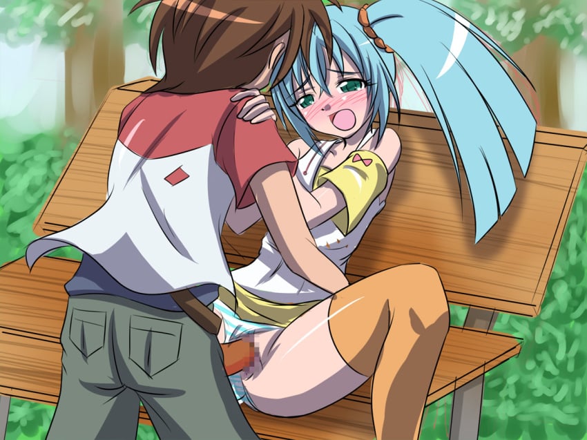 1boy 1girls bakugan bakugan_battle_brawlers dan_kuso dan_kuso_(bakugan) fully_clothed new_vestroia outdoors outside panties panties_aside public public_sex runo_misaki_(bakugan) sex spread_legs takappe