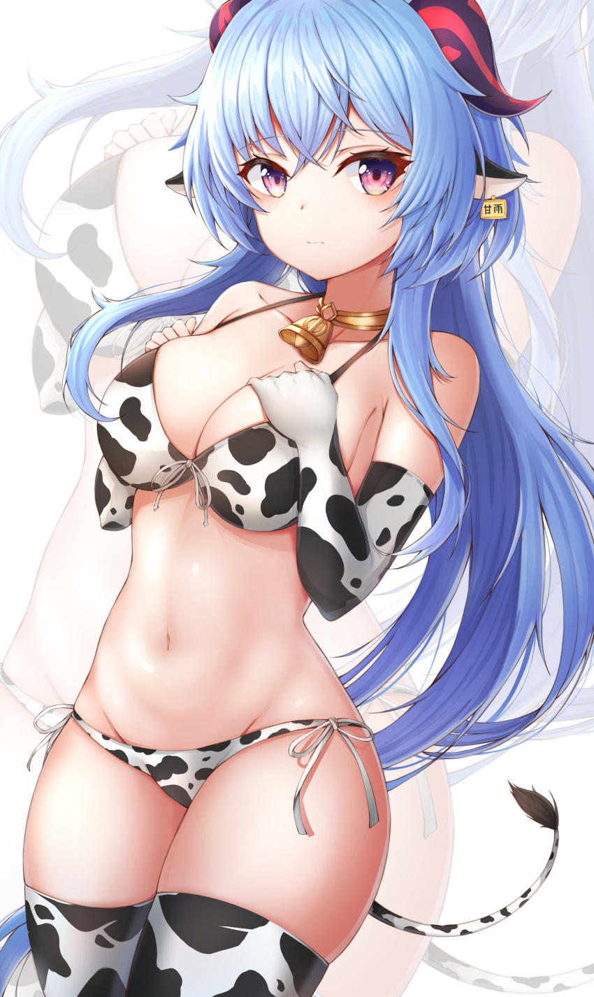 adeptus big_breasts bikini blue_hair breasts cow_bell cow_ears cow_girl cow_print cow_print_bikini cow_tail ganyu_(genshin_impact) genshin_impact horns lingerie meruna purple_eyes qilin thick_thighs thighhighs thighs