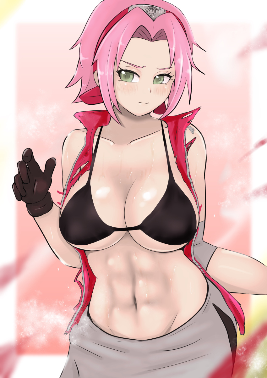 1girls abs alternate_breast_size big_breasts bike_shorts blush bodily_fluids bra breasts cleavage elbow_pads embarrassed exposed_breasts female female_focus female_only fit fit_female gloves green_eyes long_hair midriff muscular muscular_female naruto naruto_(series) naruto_shippuden pink_hair rhythm_yuki ripped_clothing ripped_shirt sakura_haruno skirt sleeveless sleeveless_shirt solo solo_focus sweat sweatdrop toned underwear