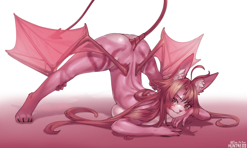 anthro ass ass_up breasts canid canine demon female fox fur hair hi_res inner_ear_fluff jack-o'_pose looking_at_viewer mammal membrane_(anatomy) membranous_wings meme nude pink_body pink_fur pink_hair pose red_eyes see_(see_is_see) see_is_see simple_background smile solo spread_legs spreading tuft wings