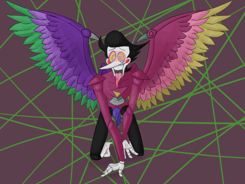 black_hair blush deltarune deltarune_chapter_2 glasses horny male mostly_clothed on_all_fours robot solo spamton_g_spamton spamton_neo tentacle tentacle_penis tongue_out white_body wings