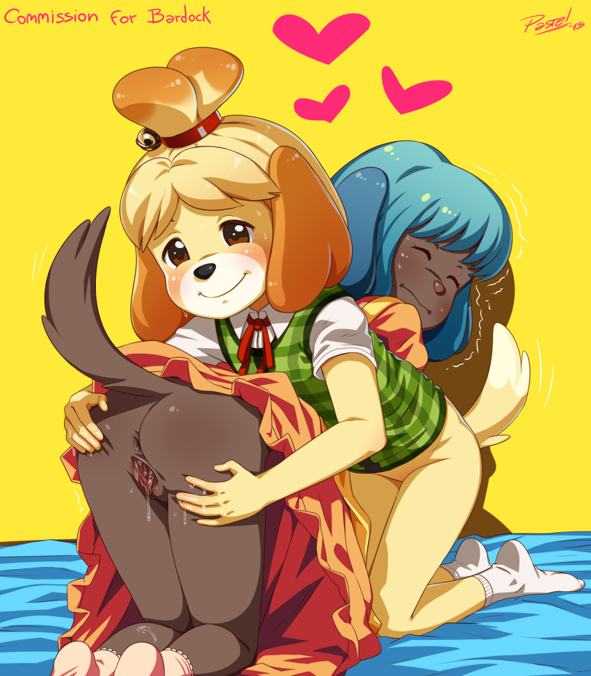 absurd_res animal_crossing anthro anus ass bodily_fluids canid canine canis domestic_dog duo eropastel female female/female genital_fluids genitals hi_res isabelle_(animal_crossing) mammal nintendo pastelartguy polly_(sherlock_hound) pussy pussy_juice sherlock_hound_(series) spread_butt spread_pussy spreading video_games yuri