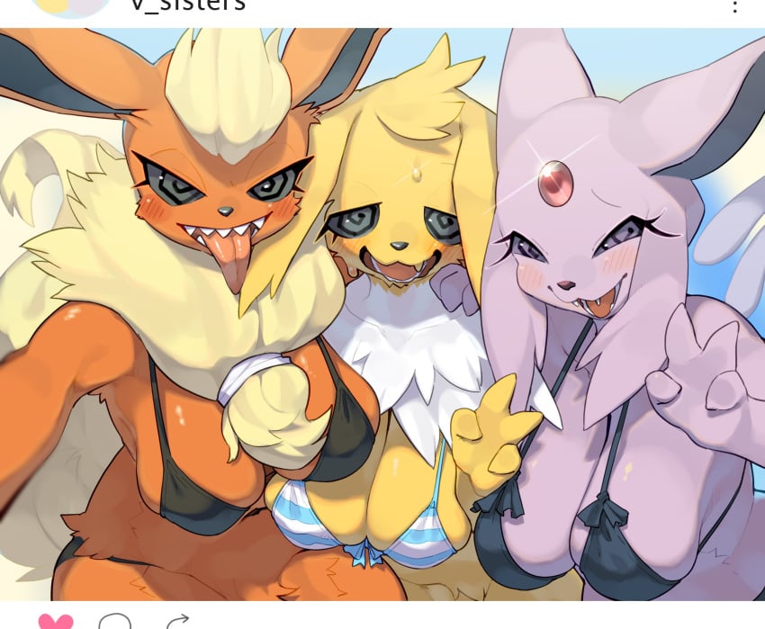 3girls bikini blush eeveelution espeon fangs female female_only flareon green_eyes hi_res jolteon kame_3 looking_at_viewer narrowed_eyes nintendo open_mouth peace_sign pokémon_(species) pokemon pokemon_(species) screenshot selfie sharp_teeth smile smiling_at_viewer spiral_eyes tongue_out