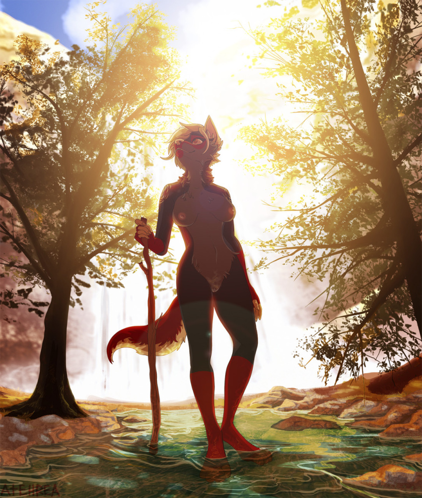 anthro atehrea background_sky blonde_hair breasts calm canid canine canis digital_media_(artwork) female fur genitals hair hi_res hike long_legs mammal nude plant pubes pussy red_body red_fur river smile solo water wolf