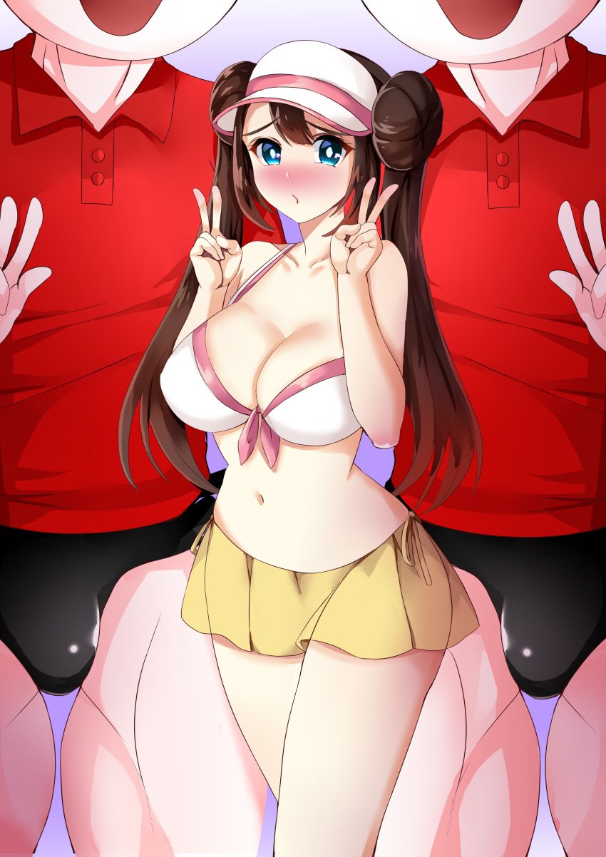 alternate_breast_size ball_guy_(pokemon) bikini blue_eyes blush breasts brown_hair cleavage double_v erection large_breasts light-skinned_female light-skinned_male light_skin long_hair looking_at_viewer nervous nintendo open_mouth penis_bulge pokemon pokemon_bw2 rosa_(pokemon) swimsuit tara_(szzj7733) twintails v