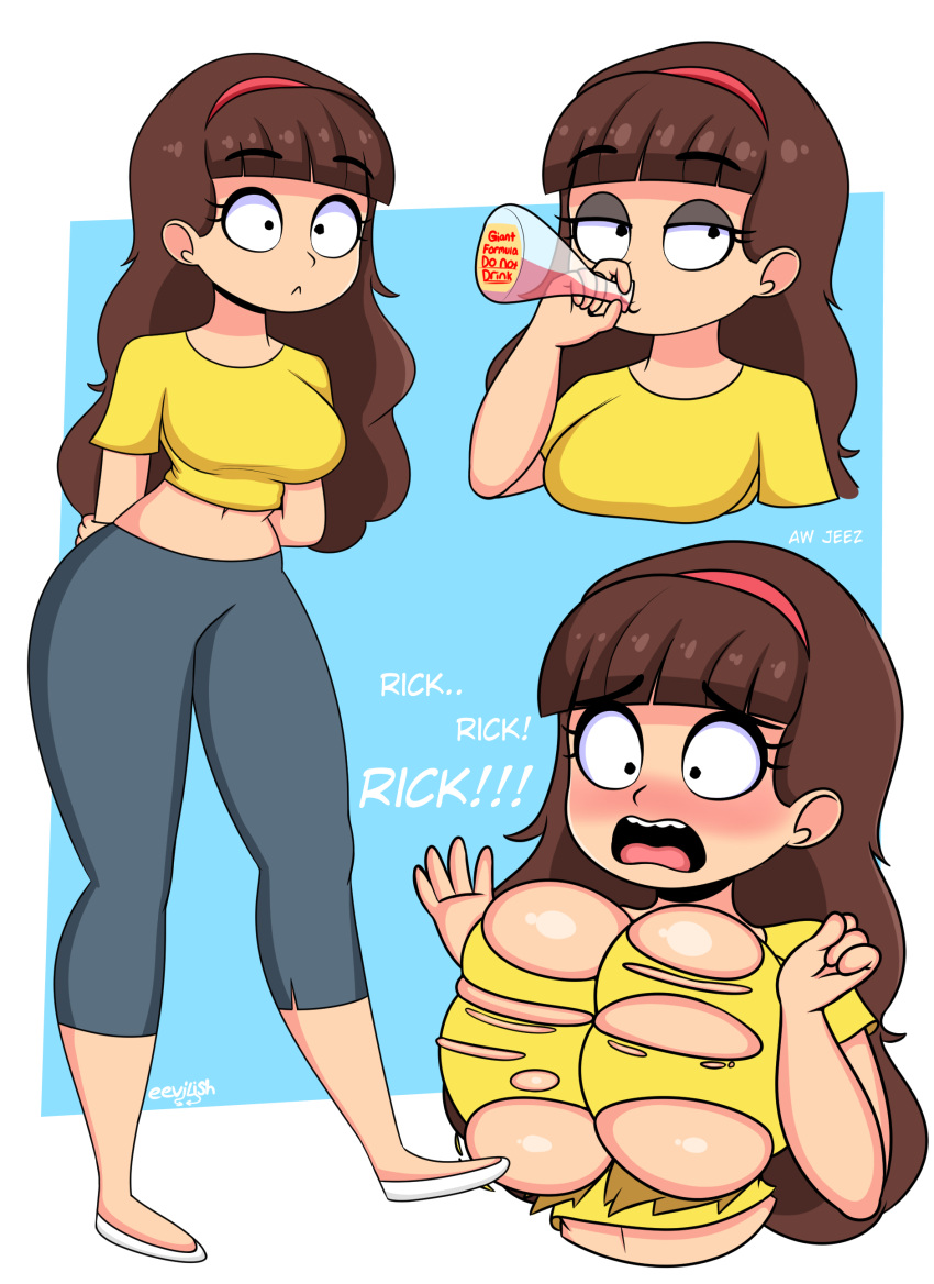 1girls big_breasts breast_expansion brown_hair eevilish female female_only headband morticia_smith morty_smith pocket_mortys potion red_headband rick_and_morty rule_63 solo text