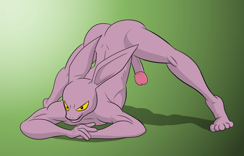 anthro ass_up boner darkajugin dragon_ball dragon_ball_super dyspo erection genitals hi_res jack-o'_pose jack-o_pose lagomorph looking_at_viewer male male_focus male_only mammal meme nude penis pose purple_body simple_background solo solo_male spread_legs spreading yellow_eyes