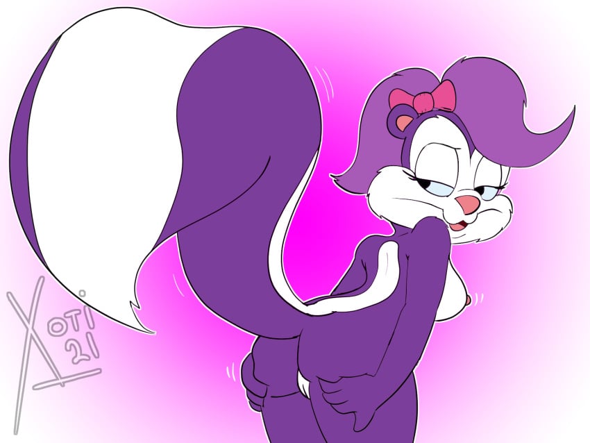 2021 4:3 accessory anthro ass breasts digital_media_(artwork) female fifi_la_fume fur genitals hair_accessory hair_ribbon hairbow hi_res looking_back mammal mephitid nipples nude presenting presenting_hindquarters purple_body purple_fur pussy ribbons skunk solo spread_butt spreading tiny_toon_adventures warner_brothers xoti_(artist)