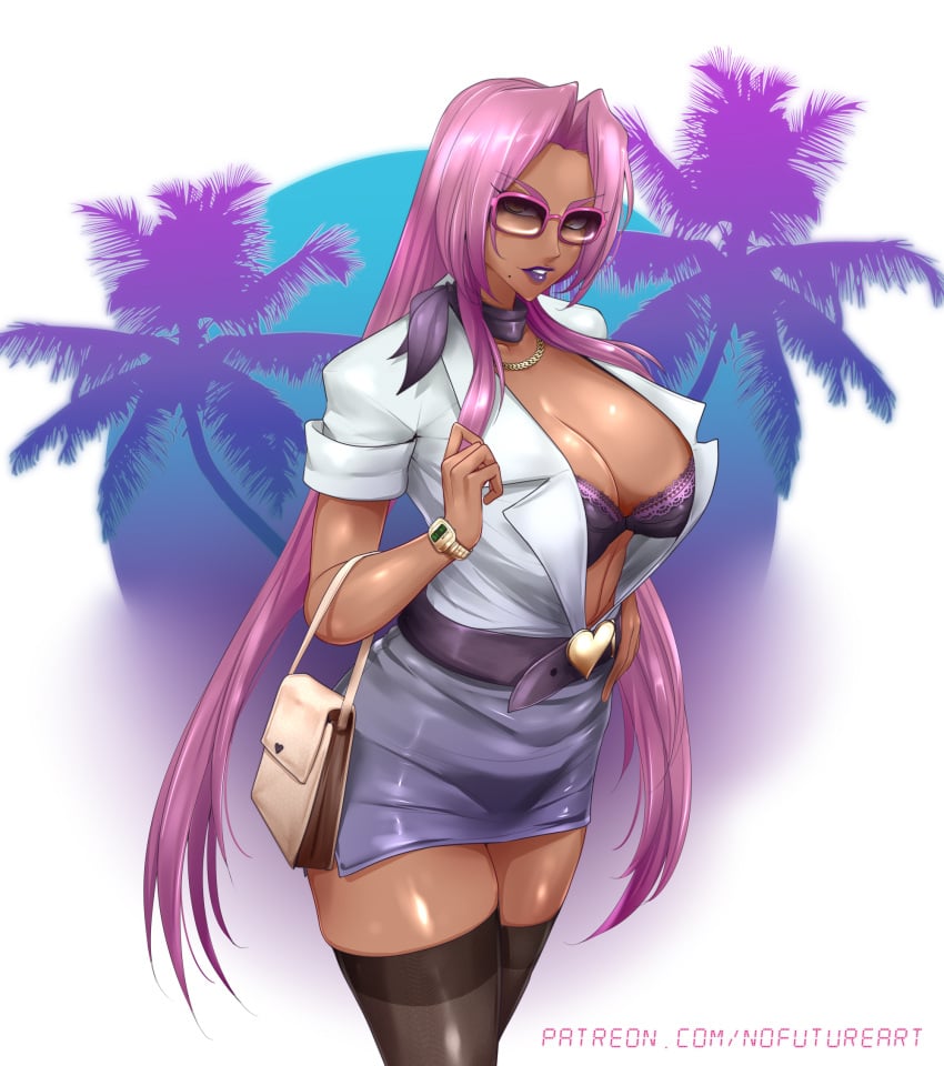 bag belt belt_buckle black_legwear blue_background blue_skirt bra breasts buckle chain_necklace cleavage cowboy_shot dark-skinned_female dark_skin female glasses hair_intakes handbag high-waist_skirt highres ingrid_(taimanin_asagi) large_breasts lilith-soft lipstick makai_kishi_ingrid makeup mole mole_under_mouth neckerchief nofuture open_clothes open_shirt palm_tree patreon_username pencil_skirt pink_hair purple_background purple_lipstick shiny shiny_hair shiny_skin shirt skirt solo stockings sunglasses tagme taimanin_(series) thick_eyebrows thighhighs tinted_eyewear tree underwear white_shirt