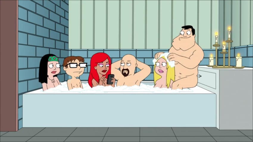 3boys 3girls abducted american_dad bald bath bathing black_hair blonde_hair brown_hair bubble bubbles embarrassed_nude_female embarrassed_nude_male enf enm francine_smith glasses goatee hayley_smith light-skinned_female light-skinned_male naked naked_female naked_male nude nude_female nude_male official_art pale-skinned_female pale-skinned_male red_hair screencap screenshot stan_smith steve_smith tan-skinned_female