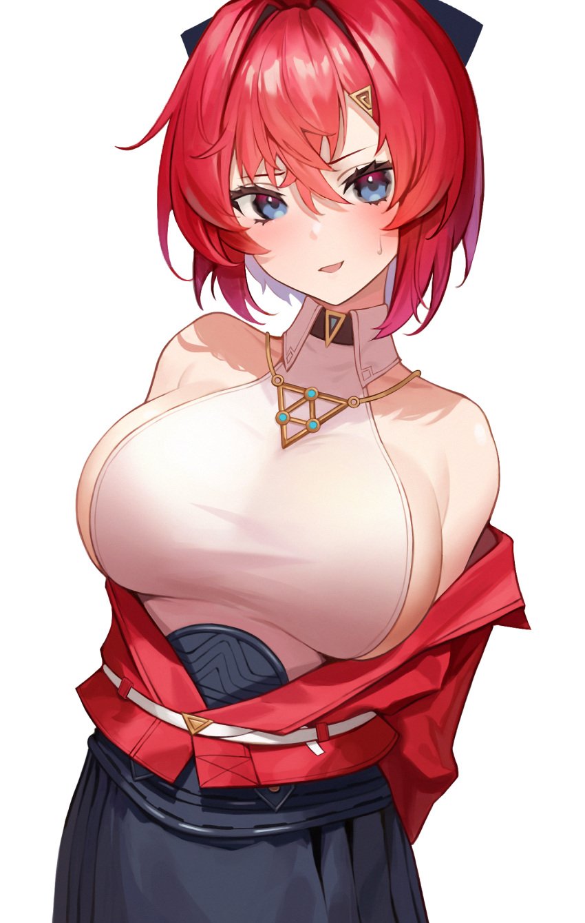 1girls alternate_breast_size ange_katrina arms_behind_back aya_(lezon) bare_shoulders black_skirt blue_eyes breasts collared_shirt female female_only hair_ornament hairclip highres jacket jewelry large_breasts looking_at_viewer necklace nijisanji off_shoulder parted_lips red_hair red_jacket shirt short_hair sideboob skirt sleeveless sleeveless_shirt smile solo sweatdrop upper_body virtual_youtuber white_shirt yaye