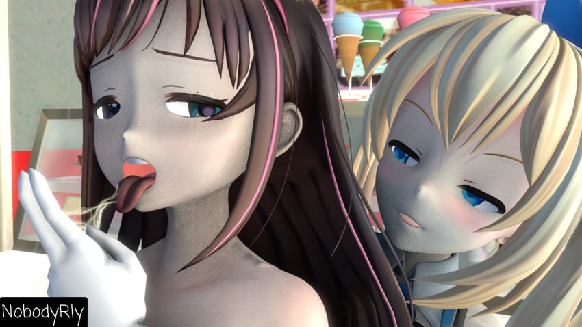 2girls 3d kizuna_ai mirai_akari nobodyrly_(artist) saliva_string saliva_trail sfm virtual_youtuber yuri