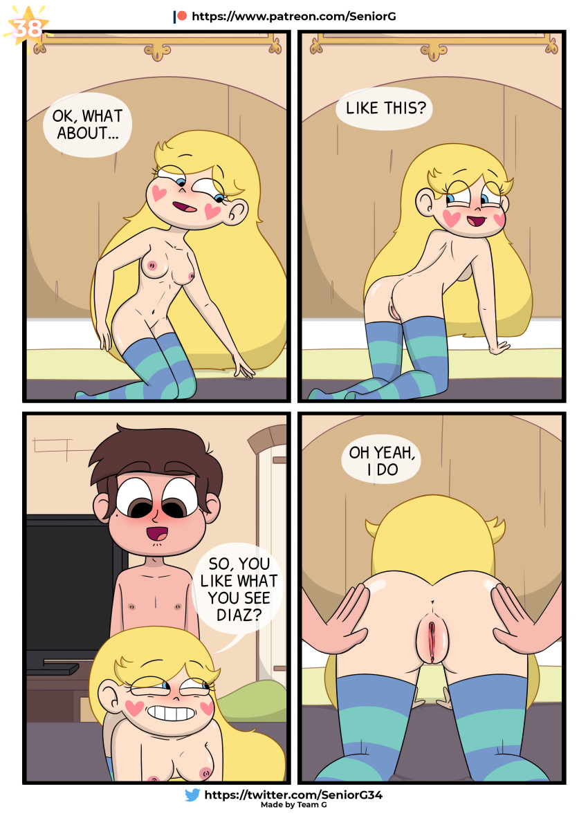 all_fours anus artstyle_imitation ass ass_focus ass_up blush comic comic_page condom couple english_text heart_cheeks looking_at_ass marco_diaz page_38 pussy seniorg star_butterfly star_vs_the_forces_of_evil striped_legwear teenager vaginal_penetration younger_female younger_male