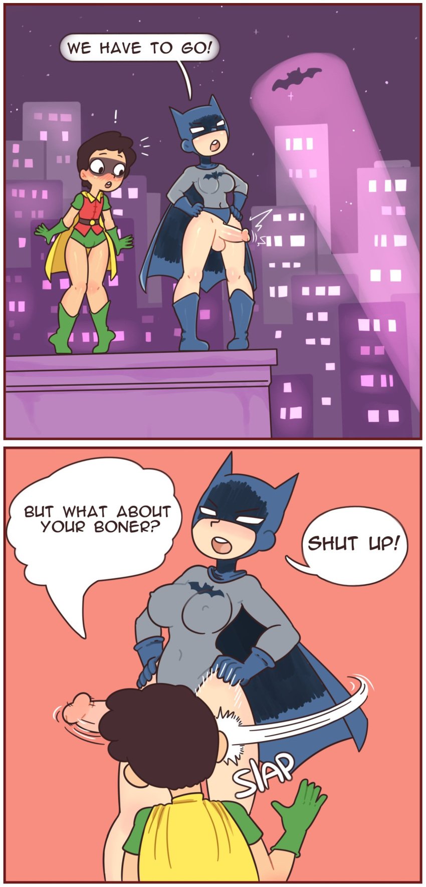 1boy 1futa 2_panel_comic balls batman batman_(series) batsignal big_breasts big_penis bottomless breasts brown_hair bryce_wayne clothed clothing cock_slap comic dc dc_comics dialogue dick_grayson duo english_text erection futa_on_male futanari girly human humor large_breasts leotard light-skinned_femboy light-skinned_futanari light-skinned_male light_skin male mask meme nipple_bulge open_mouth pale_skin partially_clothed penis penis_awe penis_on_face penis_slap penis_slapping_face red7cat robin_(dc) robin_(dick_grayson) rule_63 short_hair speech_bubble standing testicles text thick_thighs thighs