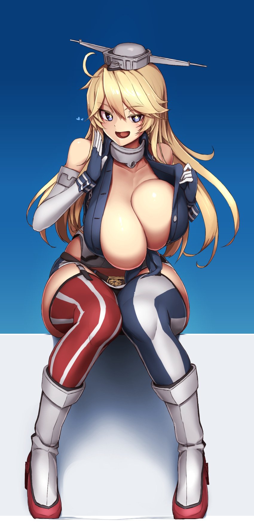 16.6_(artist) 1girls absurdres american_flag_bikini american_flag_legwear asymmetrical_legwear bangs bare_shoulders belt_buckle big_breasts bikini blonde_eyebrows blonde_hair blue_background blue_eyes breasts breasts_out buckle busty cleavage clothes_pull collarbone curvy elbow_gloves enormous_breasts eyebrows_visible_through_hair facing_viewer female female_focus female_only fingerless_gloves flag_print flirting flirting_with_viewer footwear front-tie_top full_body garter_straps gloves hair_between_eyes headgear heart hi_res high_resolution highres huge_breasts iowa_(kantai_collection) kantai_collection long_hair looking_at_viewer makino_momiji_(artist) microskirt miniskirt mismatched_legwear naughty naughty_face naughty_smile neck_guard no_bra open_mouth overflowing_breasts plain_background rudder rudder_footwear rudder_shoes shirt_pull simple_background sitting skirt sleeveless sleeveless_shirt smile solo solo_female star-shaped_pupils star_(symbol) striped striped_legwear striped_skirt swimsuit symbol-shaped_pupils teasing thick_thighs thighhighs thighs unbuttoned unbuttoned_shirt upper_body vertical-striped_legwear vertical-striped_skirt vertical_stripes voluptuous xyv_1