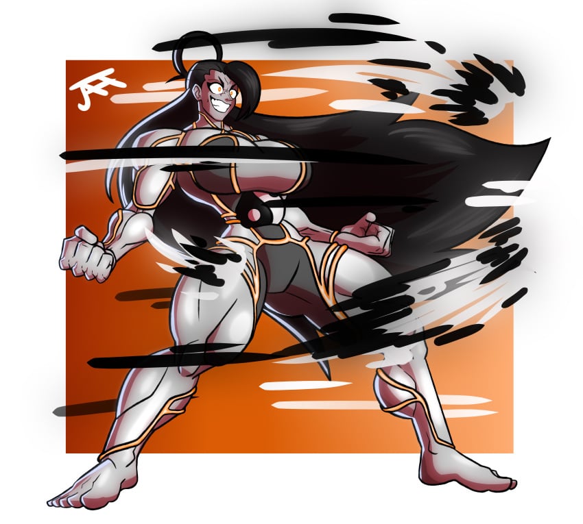 black_hair breasts busty capcom female hecatoncheires jahves large_breasts legs long_hair muscles muscular_female muscular_thighs orange_eyes pose seth_(sfv) seth_(street_fighter) solo street_fighter teeth thick_thighs