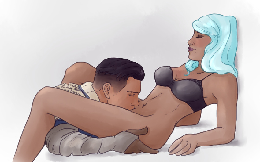 blue_hair bra closed_eyes dark-skinned_female dark-skinned_male giving_head jozstanko-art mass_effect mass_effect_andromeda oral oral_sex pussy_lick pussy_licking reyes_vidal sara_ryder