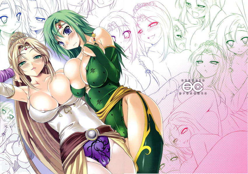 2girls big_breasts blonde_hair blue_eyes boobs breast_press breasts cameltoe cle_masahiro cleavage comic crown doujin_cover doujinshi embarrassed etcycle fair-skinned_female fair_skin female female_only final_fantasy final_fantasy_iv green_eyes green_hair human large_breasts light-skinned_female light_skin long_hair looking_at_viewer magical_girl multiple_girls nipples_visible_through_clothing oppai pantyhose ponytail rosa_farrell rydia seductive square_enix tiara tied_hair tight_clothing tights underboob video_games yuri