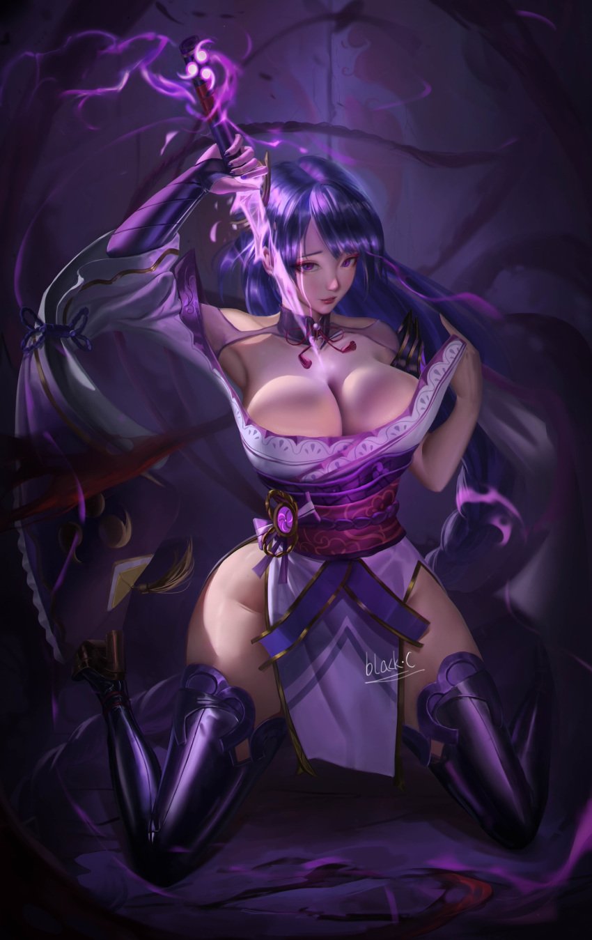 1girls barely_contained beauty_mark black_c blush breasts genshin_impact japanese_clothes kimono large_breasts mole mole_under_eye purple_eyes purple_hair raiden_shogun semi-realism sword thick_thighs thighhighs thighs