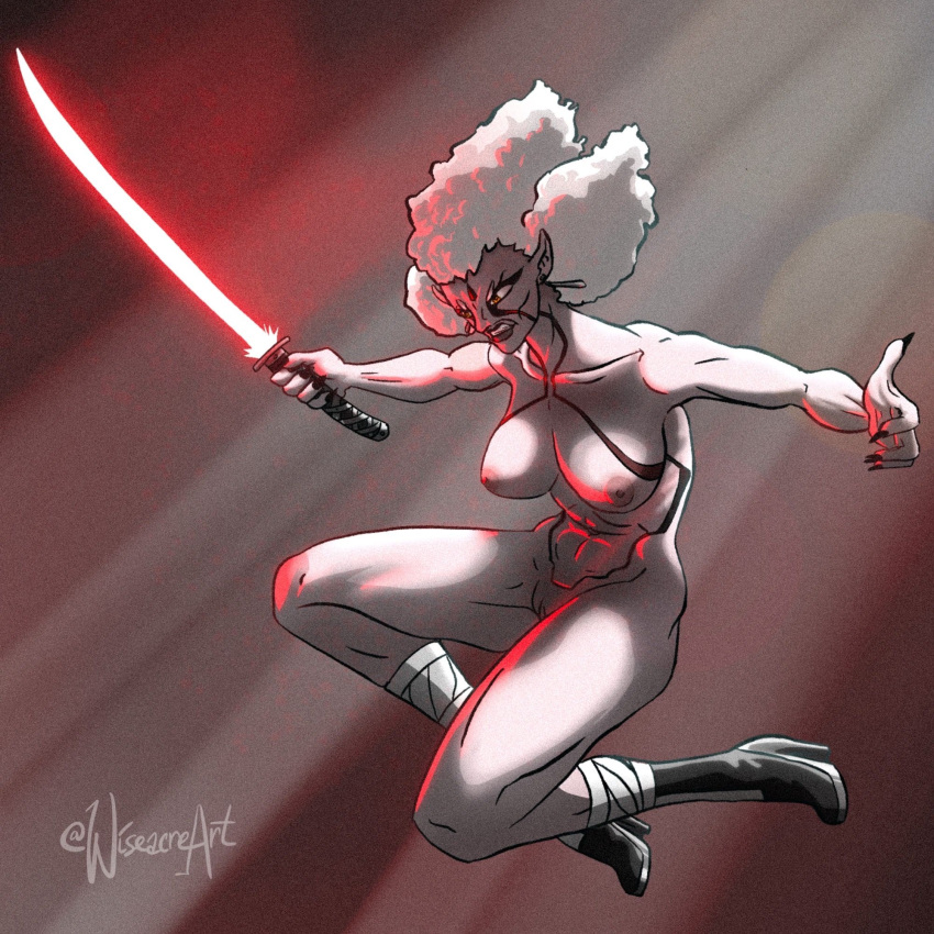 1:1 2021 abs big_breasts body_markings boots breasts collarbone disney earrings female fingernails holding_object holding_weapon kouru lightsaber navel nipples nude pale_skin pointy_ears pussy red_eyes red_lightsaber sith star_wars star_wars_visions sword thighs twitter_username vulva white_hair wiseacre