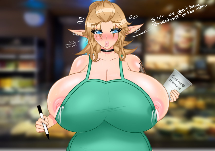 1girls animal_ears apron big_breasts blakedoom breasts busty cow_bell cow_horns female female_only hourglass_figure iced_latte_with_breast_milk large_breasts meme nude_apron pointy_ears sideboob solo tagme waitress waitress_uniform wide_hips