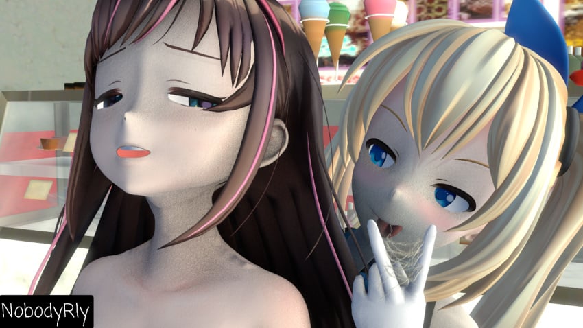 2girls 3d cum_on_fingers kizuna_ai mirai_akari nobodyrly_(artist) sfm virtual_youtuber yuri