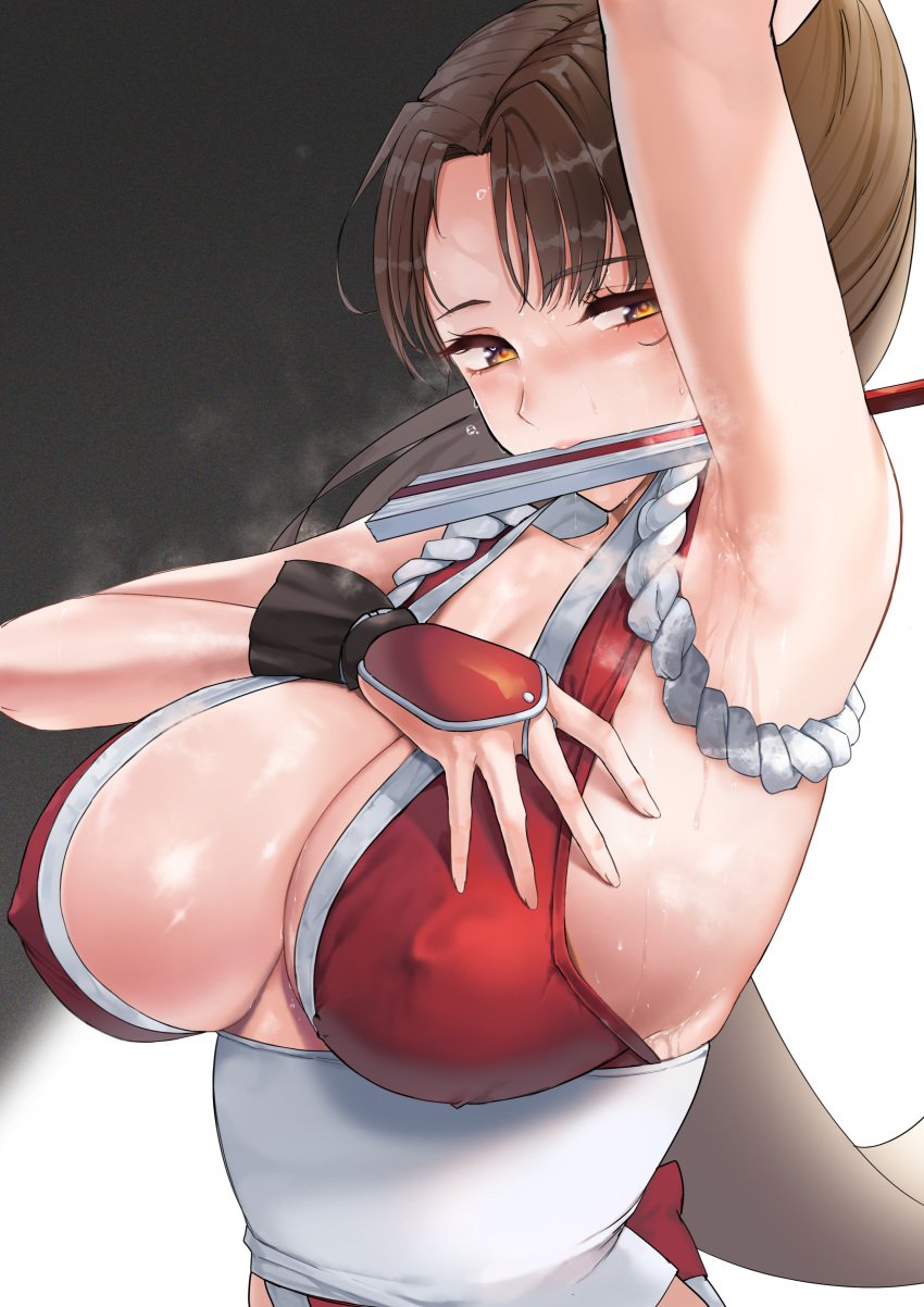 1girls 2021 absurdres arm_up armpit_fetish armpit_focus armpits bracer breasts brown_hair cleavage covered_nipples eyebrows_visible_through_hair fatal_fury female female_focus female_only folding_fan hand_fan highres japanese_clothes king_of_fighters large_breasts long_hair looking_at_viewer mai_shiranui mouth_hold mute_(mute89539160) ninja obi ponytail presenting_armpit sash sideboob simple_background snk solo sweat sweat_stain sweatdrop sweaty sweaty_armpit sweaty_armpits upper_body yellow_eyes