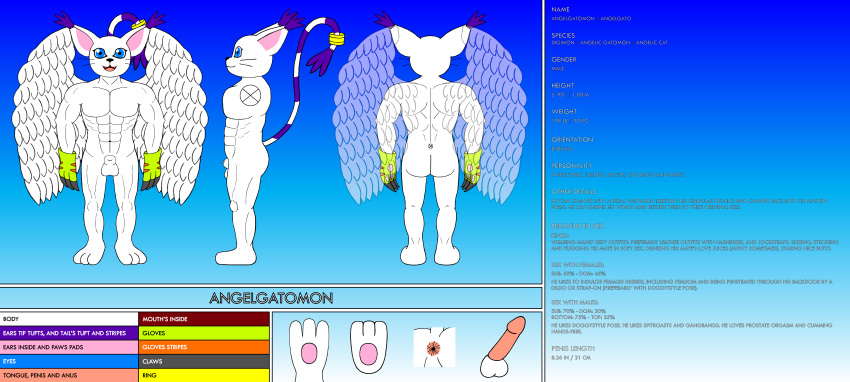 1boy angel angelgatomon_(angelgato) angelgatomon_(artist) anthro ass balls bisexual blue_eyes digimon feline fur furry gatomon male male_only muscles penis purple_fur solo white_fur wings