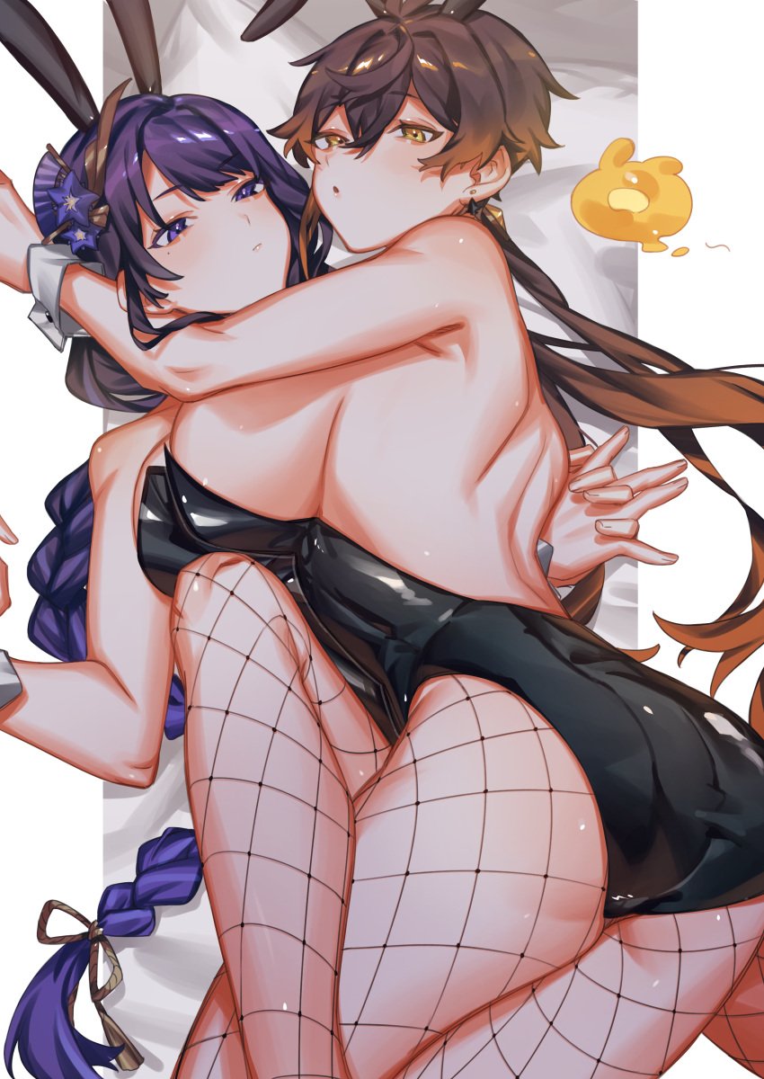 2girls ass big_breasts breasts bunny_ears bunny_girl bunnysuit crow_3434 fishnets genderswap_(mtf) genshin_impact lingerie multiple_girls raiden_shogun revealing_clothes rule_63 thick_ass thick_thighs thighs tight_clothing yuri zhongli_(genshin_impact) zhongli_jiejie