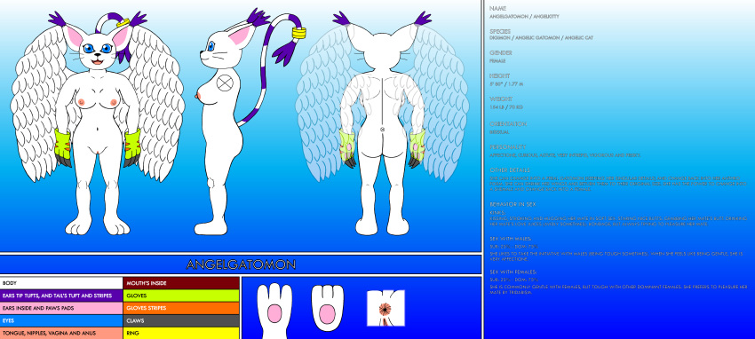 1girls angel angelgatomon_(angelkitty) angelgatomon_(artist) angeltailmon_(angelkitty) anthro ass bisexual blue_eyes breasts digimon feline female female_only fur furry gatomon nipples purple_fur solo tailmon white_fur wings