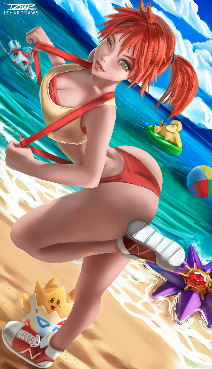 1girls 2d adapted_costume ass asymmetrical_hair bare_arms bare_legs beach bikini_bottom blush breasts clothing curvaceous dat_ass female female_only female_solo footwear goldeen green_eyes high_resolution hips izhardraws kasumi_(pokemon) large_filesize legs looking_at_viewer medium_breasts misty_(pokemon) one_eye_closed orange_hair pokemon pokemon_rgby ponytail psyduck red_hair shirt shoes short_hair side_ponytail solo source_request starmie suspenders tank_top thick_thighs thighs tied_hair tight_clothes togepi very_high_resolution water wide_hips wink yellow_shirt yellow_tank_top