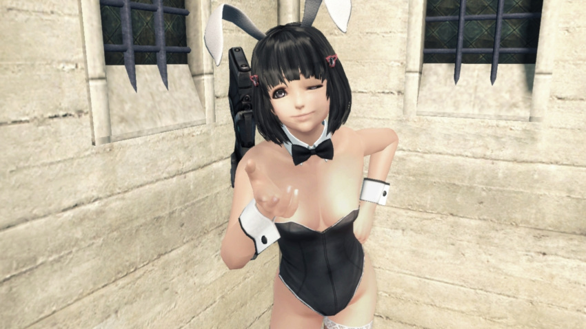 ;) black_eyes black_hair bob_cut bunny_ears bunny_girl bunnysuit cutie_mark female female_only hair_ornament leather leotard lin_lee_koo looking_at_viewer nintendo small_breasts xenoblade_(series) xenoblade_chronicles_x