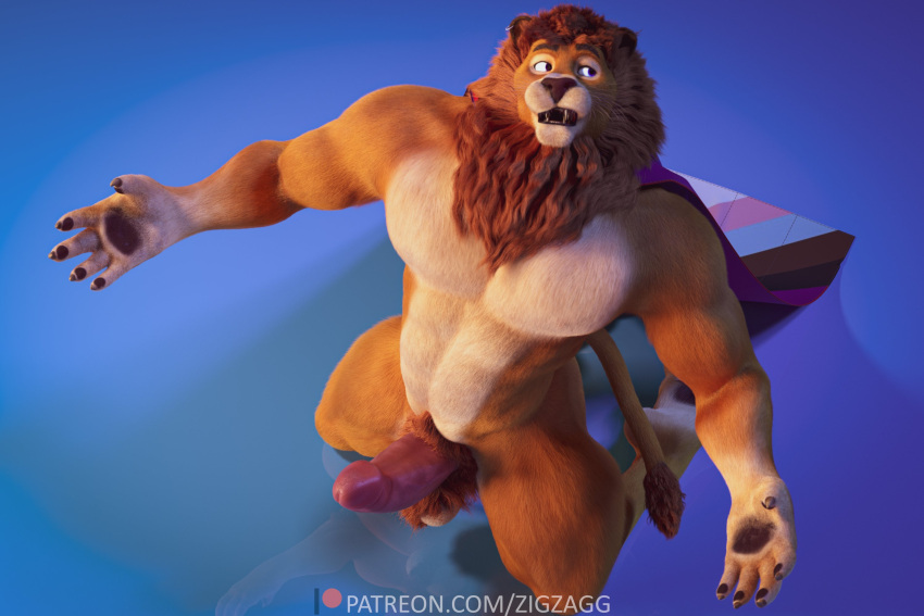 3:2 3d_(artwork) anthro biceps claws digital_media_(artwork) fangs felid genitals hi_res lion male mammal muscular neck_tuft pantherine penis pubes text tuft url zigzagg_(artist)