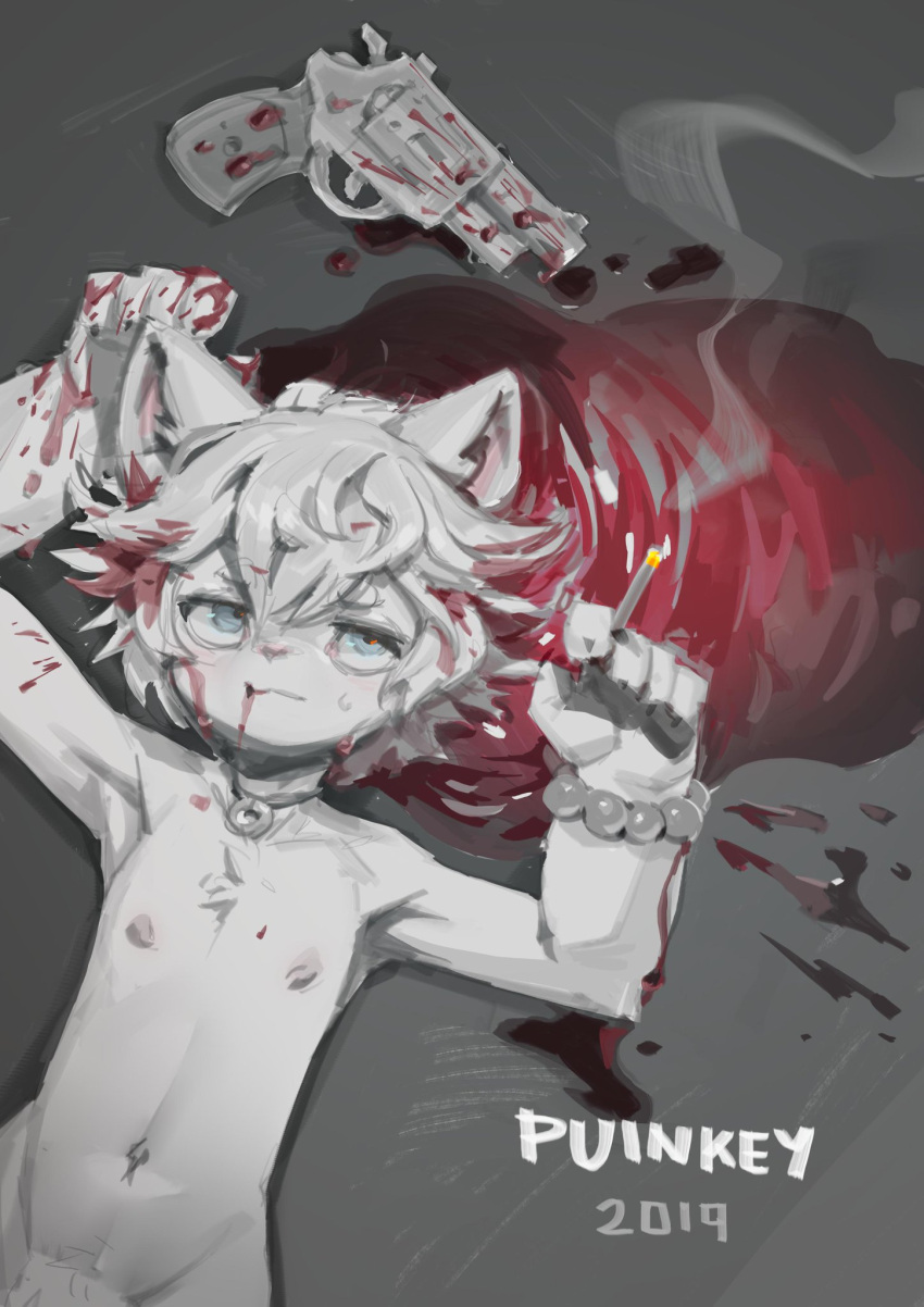 1boy blood bracelet cat_ears cigarette gun naked puinkey