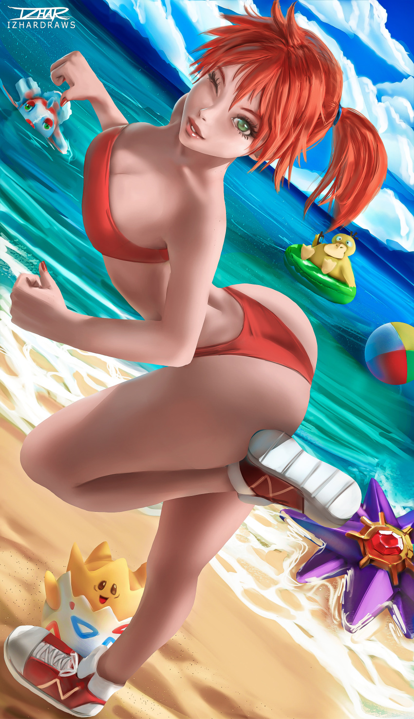 1girls 2d adapted_costume ass asymmetrical_hair bare_arms bare_legs beach bikini blush breasts clothing curvaceous dat_ass female female_only female_solo footwear goldeen green_eyes high_resolution hips izhardraws kasumi_(pokemon) large_filesize legs looking_at_viewer medium_breasts misty_(pokemon) one_eye_closed orange_hair pokemon pokemon_rgby ponytail psyduck red_hair shoes short_hair side_ponytail solo source_request starmie thick_thighs thighs tied_hair tight_clothes togepi two_piece_swimsuit very_high_resolution water wide_hips wink