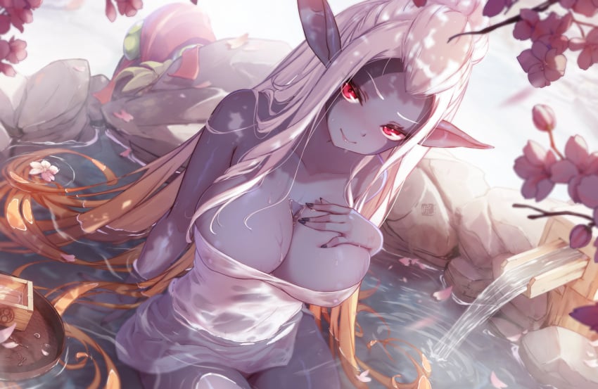 1girls bath bath_towel bathing big_breasts blue_skin blush breasts elf_ears female female_only grey_skin hand_on_breast hot_spring jak_and_daxter long_hair looking_at_viewer maia_acheron mitsu_art nipples onsen partially_clothed partially_submerged partially_visible_nipples pointy_ears pussy red_eyes see-through shaved_pussy smiling smiling_at_viewer solo towel wet wet_body wet_skin wet_towel white_eyebrows white_hair