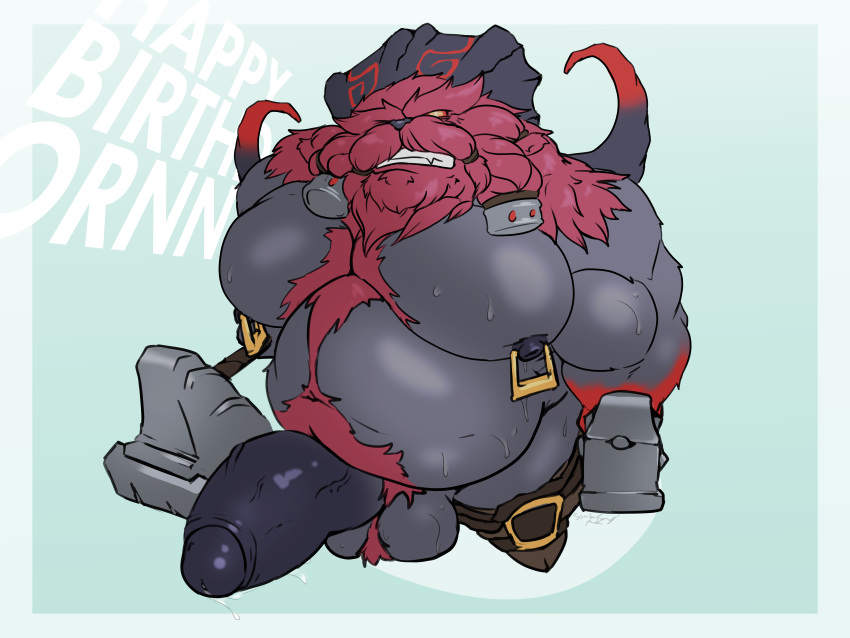 1boy 4:3 absurd_res anthro balls beard belly big_penis blacksmith bodily_fluids body_hair boots bovid caprine chest_hair chubby_male clothing facial_hair footwear genitals hairy_balls hammer happy_birthday heavy hi_res horn huge_cock league_of_legends male male_only mammal moobs morbidly_obese nipple_piercing nipples obese ornn overweight penis piercing solo soulasexypanda sweat tools