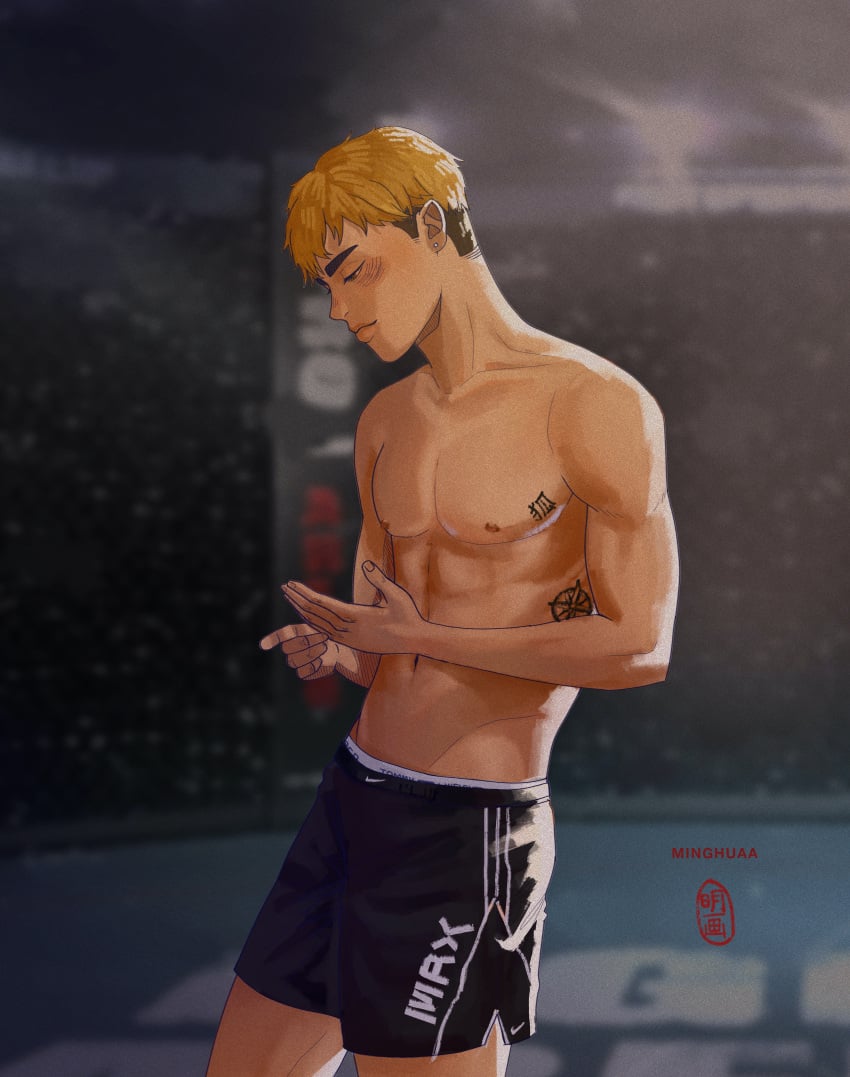 1boy atsumu_miya blonde_hair haikyuu!! male male_only minghuaa shirtless shorts tagme tattoo underwear_peek