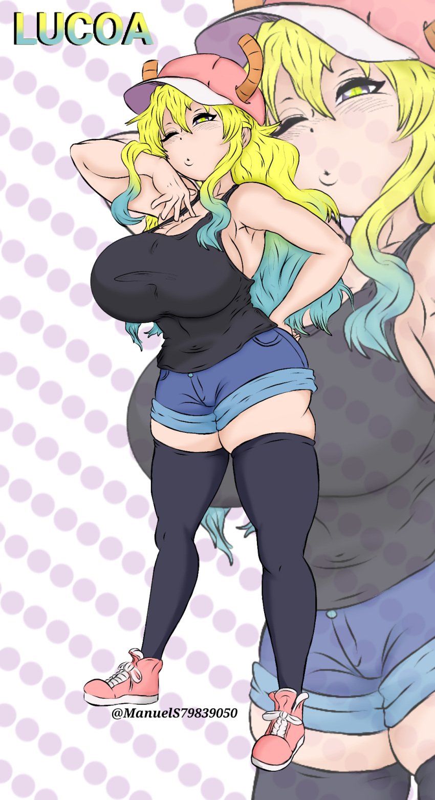 1girls big_ass big_breasts breast_grab dragon_maid female female_only huge_breasts lucoa miss_kobayashi's_dragon_maid quetzalcoatl_(dragon_maid) rocksbear_(artist) shoes smile sneakers solo source_request thick_thighs thigh_bulge thigh_squish thighhighs yellow_hair