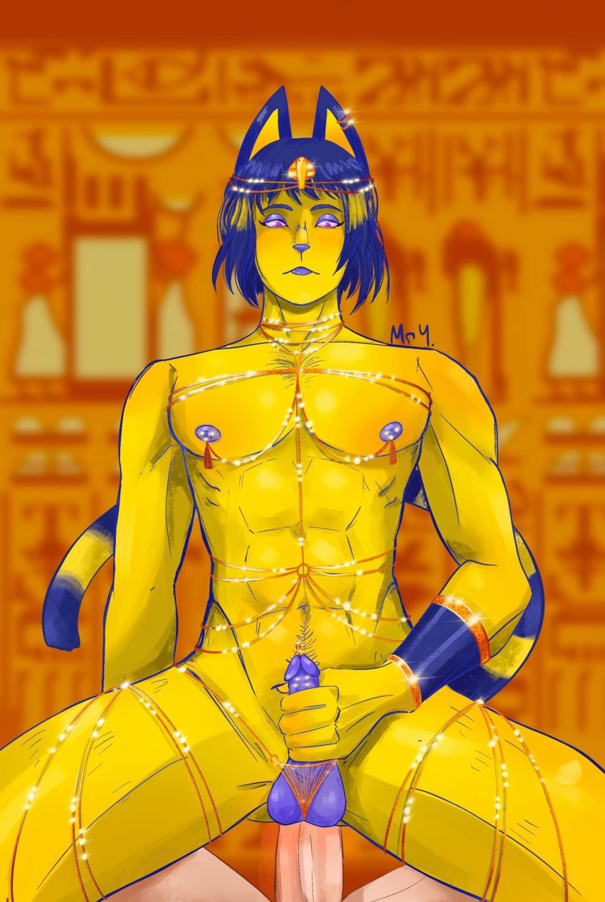 abs anal animal_crossing ankha ankha_ride_(minus8) anthro artist_request balls blue_hair blurry_background bracelet cat_ears color colored_background cowgirl_position ear_piercing earrings egyptian furry gay jewelry looking_down make_up male/male male_penetrated masturbating_while_penetrated masturbation muscular muscular_male naked nintendo nipple_clips nipples penis purple_eyes purple_penis rule_63 short_hair slim source_request striped_fur yaoi year_request yellow_skin