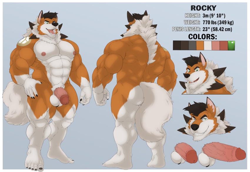 5_fingers 5_toes abs absurd_res anthro ass back_muscles ball_tuft balls big_muscles black_nose dusk_lycanroc feet fingers fur genitals green_eyes hi_res huge_muscles humanoid_feet humanoid_hands lycanroc male male_only mane model_sheet multicolored_body muscular nintendo nipples pecs penis pokémon_(species) pokemon rocky_(jakewolf00) solo taighet_28 tattoo toes tuft video_games white_body white_fur yellow_body yellow_fur