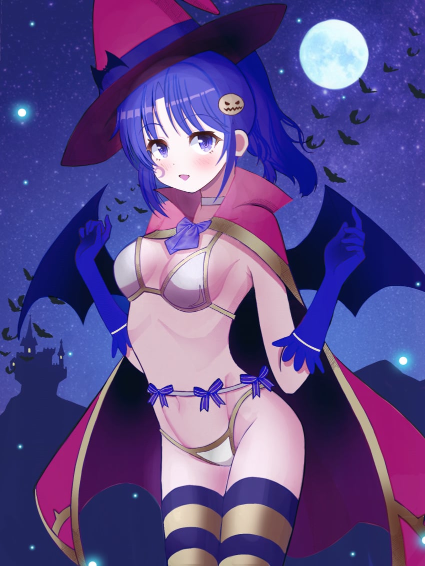 1girls alternate_costume bangs bat bat_wings bikini blue_gloves blue_hair blush breasts cape cowboy_shot eyebrows_visible_through_hair female fire_emblem fire_emblem:_new_mystery_of_the_emblem full_moon gloves hair_ornament halloween hat highres kris_(female)_(fire_emblem) kris_(fire_emblem) long_hair looking_at_viewer mikoko1 moon navel night night_sky nintendo open_mouth ponytail ribbon sky smile solo swimsuit thighhighs wings witch witch_hat