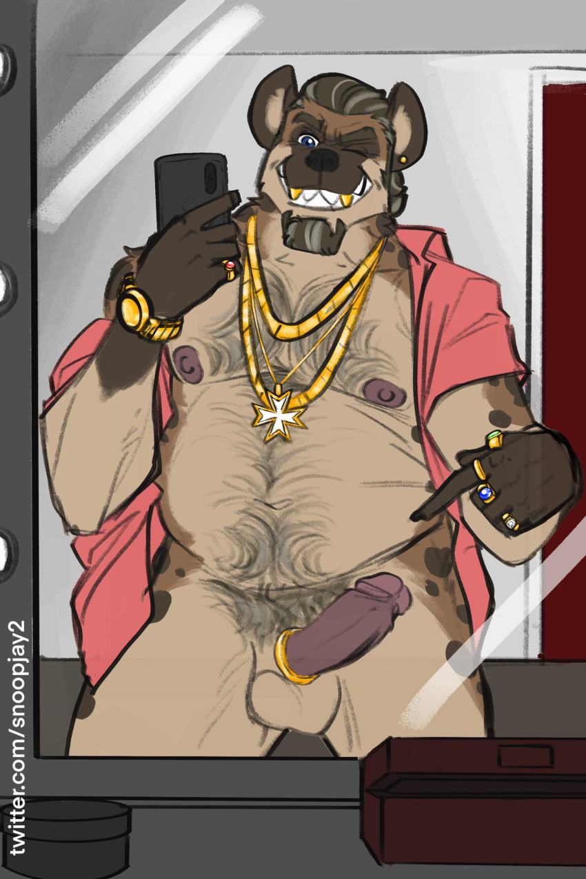 accessory anthro balls body_hair bottomless brown_body brown_fur chest_hair clock clothed clothing cock_ring desmond_sutherland erection facial_hair fur genitals goatee gold_(metal) gold_jewelry gold_tooth hair hi_res hyaenid jewelry male male_only mammal mature_anthro mature_male mirror mirror_selfie necklace nipples one_eye_closed open_clothing open_topwear overweight penis penis_accessory penis_jewelry phone pubes ring selfie slightly_chubby snoopjay2 solo spotted_hyena topwear watch wink wristwatch