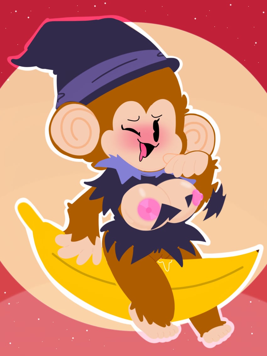 3:4 absurd_res alternate_costume banana blush bodily_fluids breasts brown_body brown_fur clothing female food fruit fur genital_fluids genitals grinding haplorhine headgear headwear hi_res humanoid maio mammal meemee monkey monkey_girl moon plant primate pussy pussy_juice sega solo super_monkey_ball torn_clothing